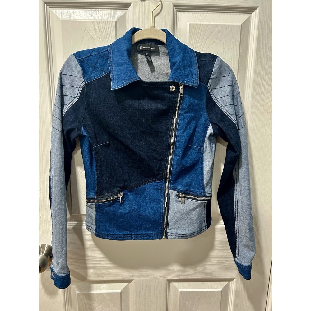 INC International Concepts Denim Boho Patchwork Moto Zip Jacket Sz XS NWOT